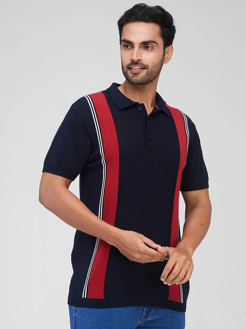 Raymond Men Blue Stripe Contemporary Fit Cotton T-Shirt - Image 2