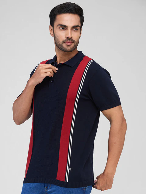 Raymond Men Blue Stripe Contemporary Fit Cotton T-Shirt - Image 3