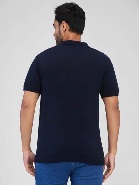 Raymond Men Blue Stripe Contemporary Fit Cotton T-Shirt - Image 4