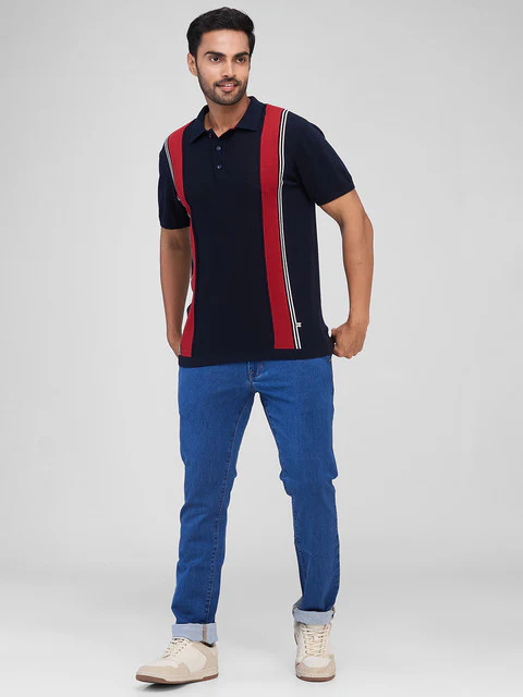 Raymond Men Blue Stripe Contemporary Fit Cotton T-Shirt - Image 5