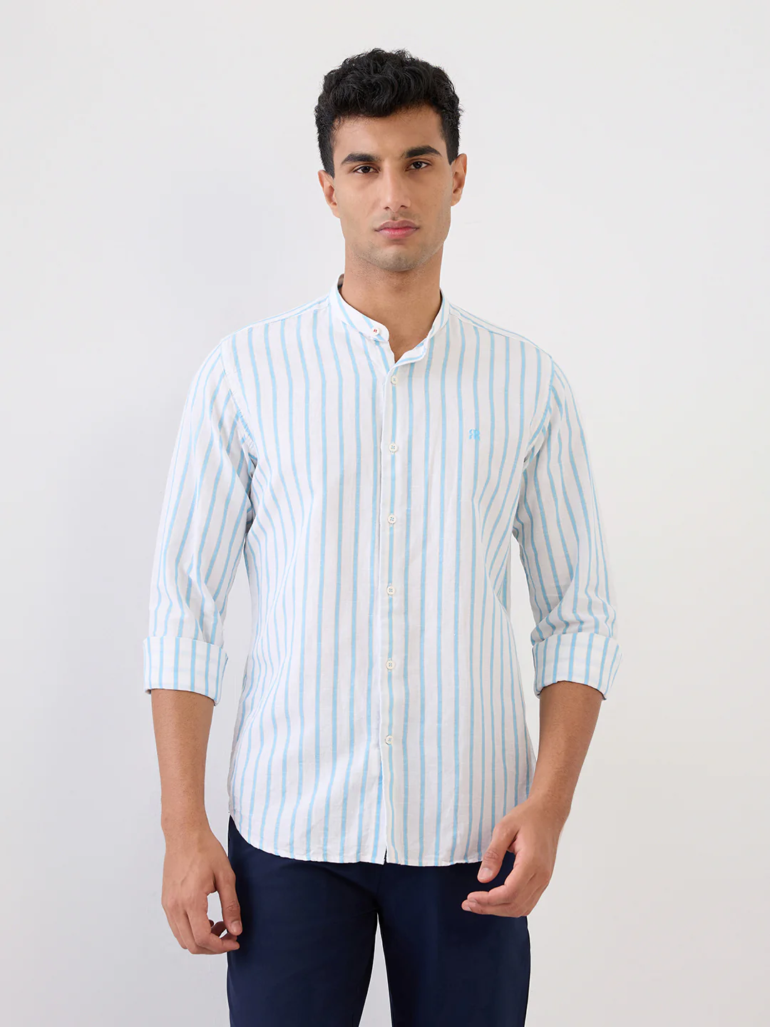Raymond Men Blue Stripe Regular Fit Cotton Blend Casual Shirt