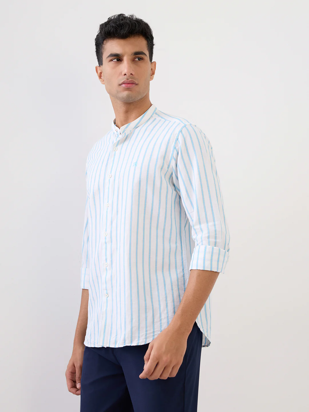 Raymond Men Blue Stripe Regular Fit Cotton Blend Casual Shirt - Image 2