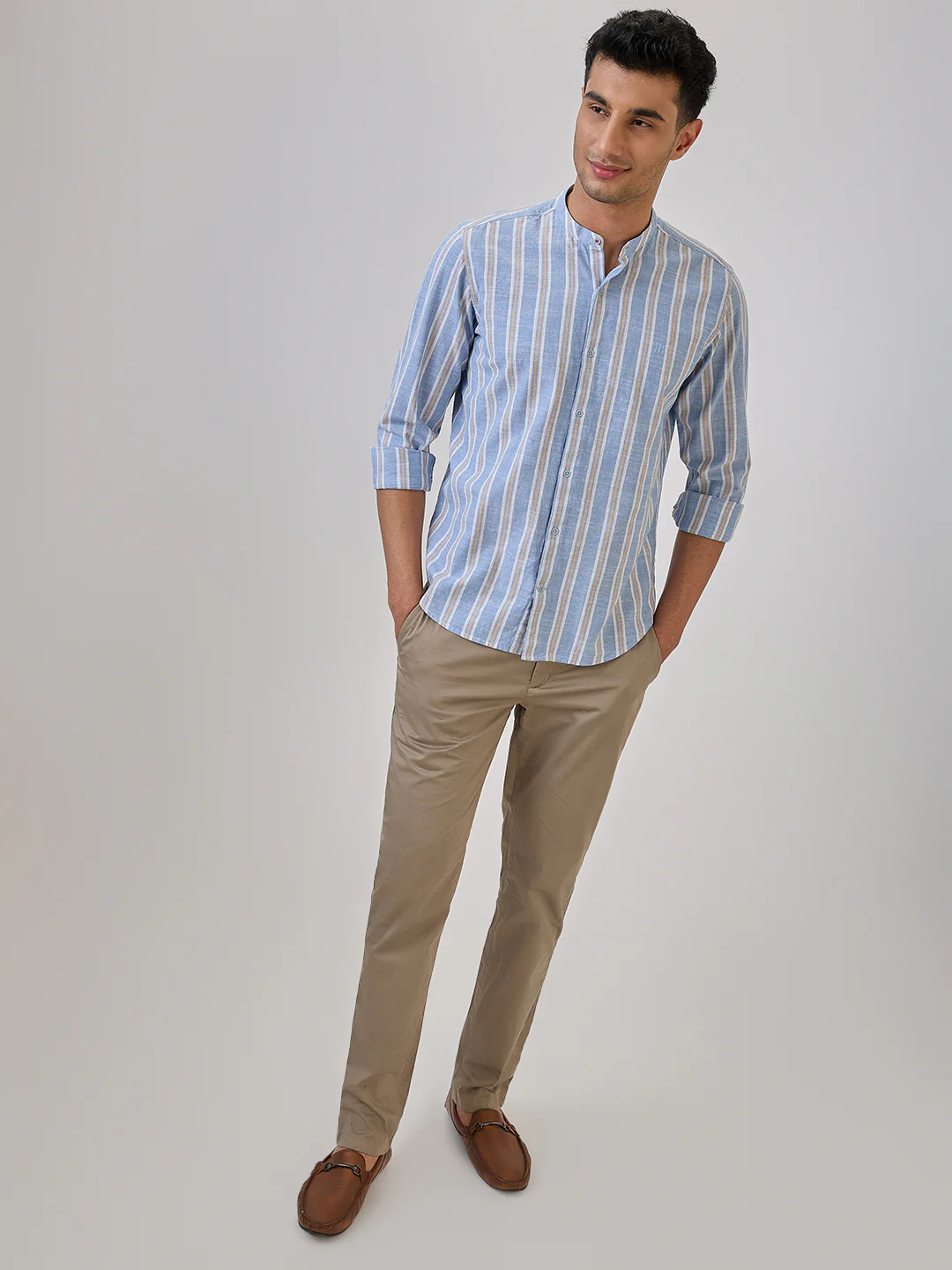 Raymond Men Blue Stripe Regular Fit Cotton Casual Shirt - Image 5