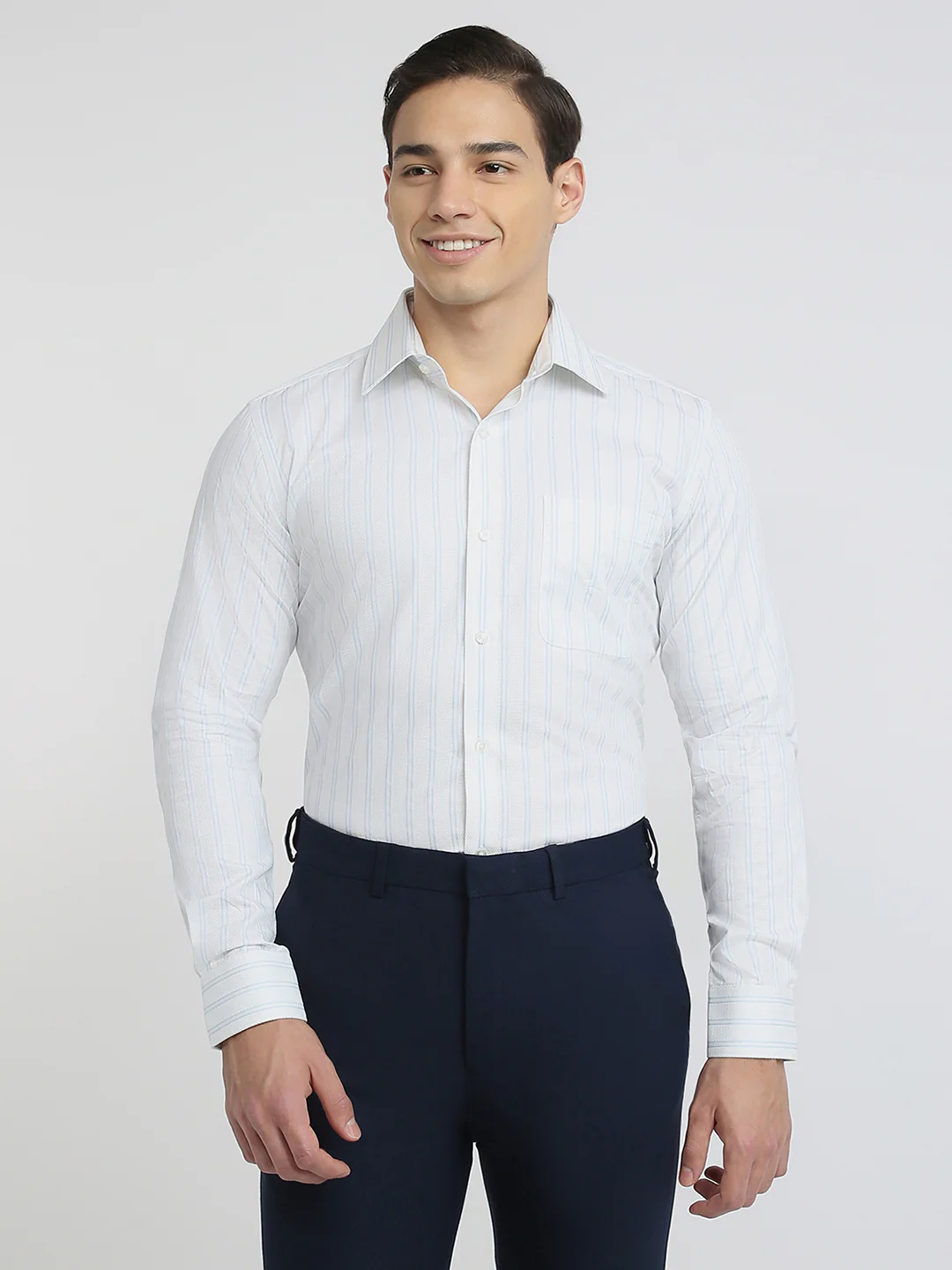 Raymond Men Blue Stripe Regular Fit Cotton Formal Shirt