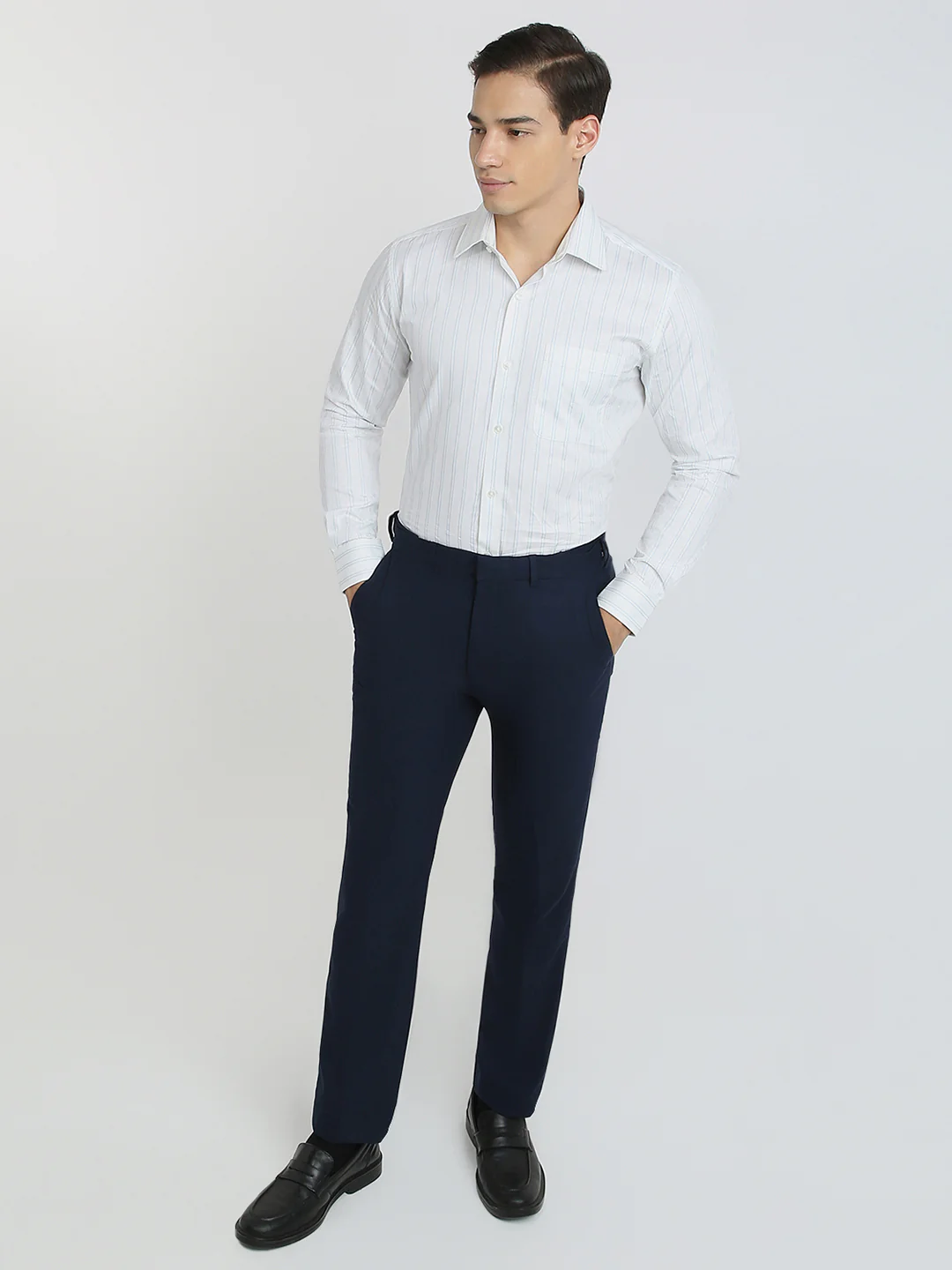 Raymond Men Blue Stripe Regular Fit Cotton Formal Shirt - Image 5