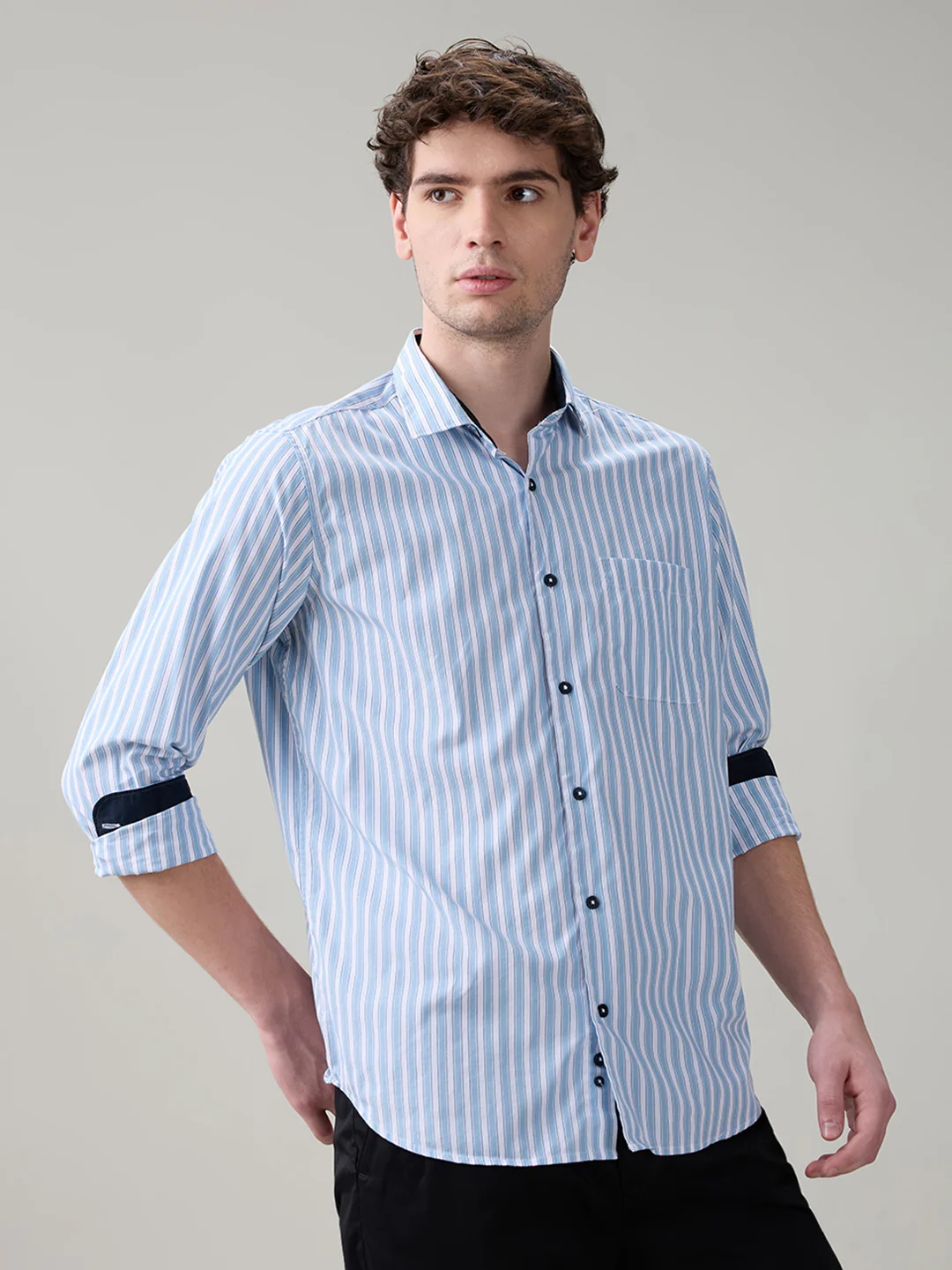 Raymond Men Blue Stripe Regular Fit Cotton Full Sleeve Casual Shirt - Image 2