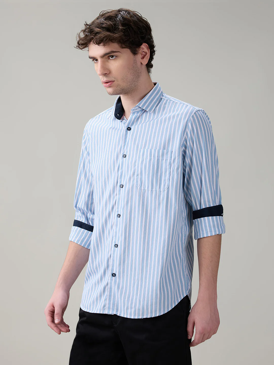 Raymond Men Blue Stripe Regular Fit Cotton Full Sleeve Casual Shirt - Image 3