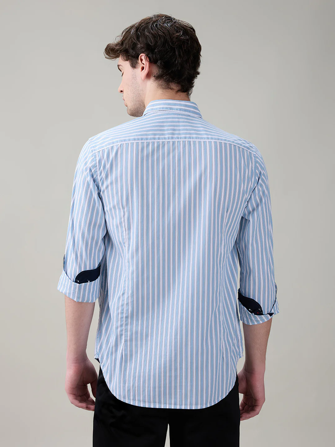 Raymond Men Blue Stripe Regular Fit Cotton Full Sleeve Casual Shirt - Image 4