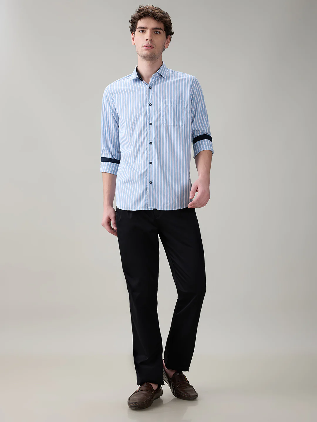 Raymond Men Blue Stripe Regular Fit Cotton Full Sleeve Casual Shirt - Image 5