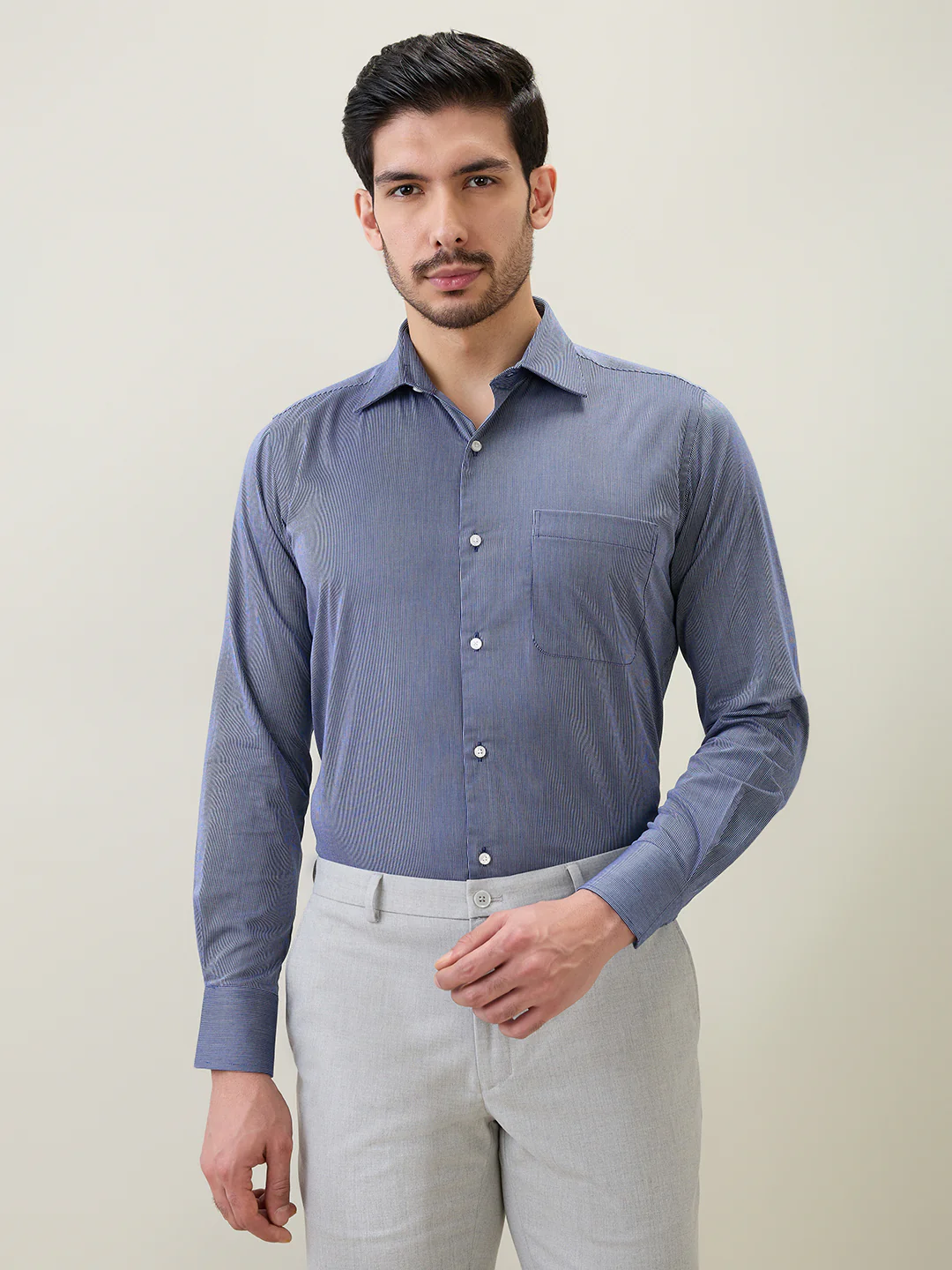 Raymond Men Blue Stripe Regular Fit Cotton Shirt