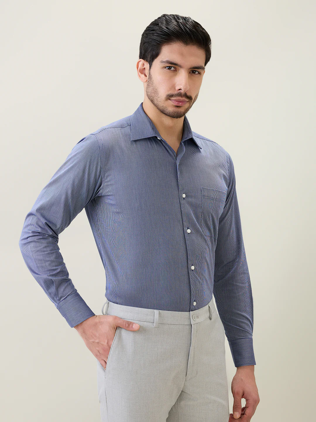 Raymond Men Blue Stripe Regular Fit Cotton Shirt - Image 3
