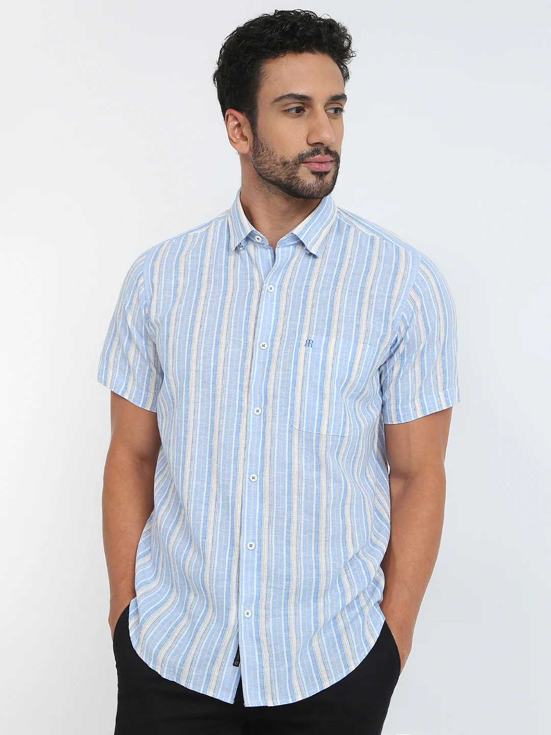 Raymond Men Blue Stripe Regular Fit Linen Blend Casual Shirt