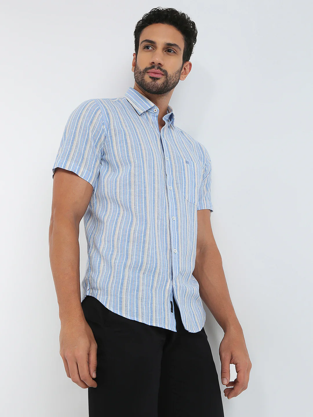Raymond Men Blue Stripe Regular Fit Linen Blend Casual Shirt - Image 2