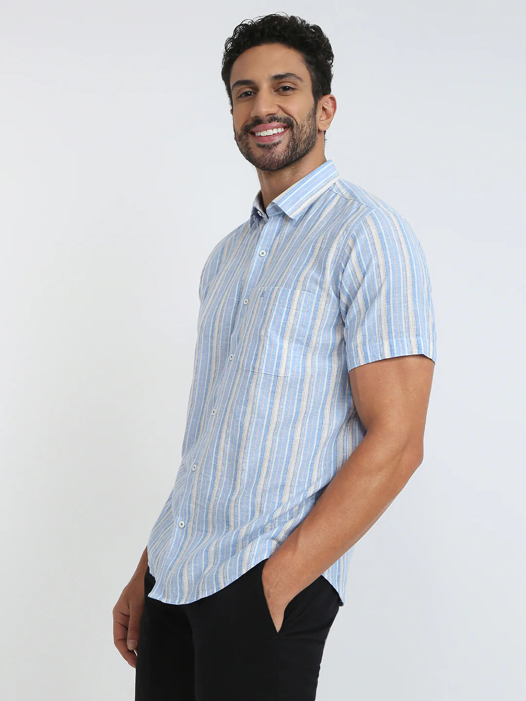 Raymond Men Blue Stripe Regular Fit Linen Blend Casual Shirt - Image 3