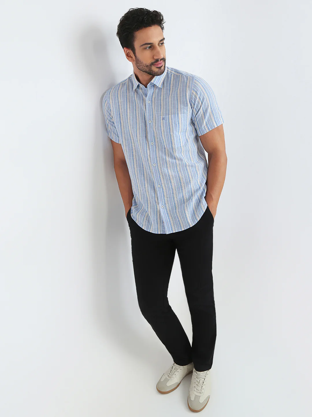 Raymond Men Blue Stripe Regular Fit Linen Blend Casual Shirt - Image 5