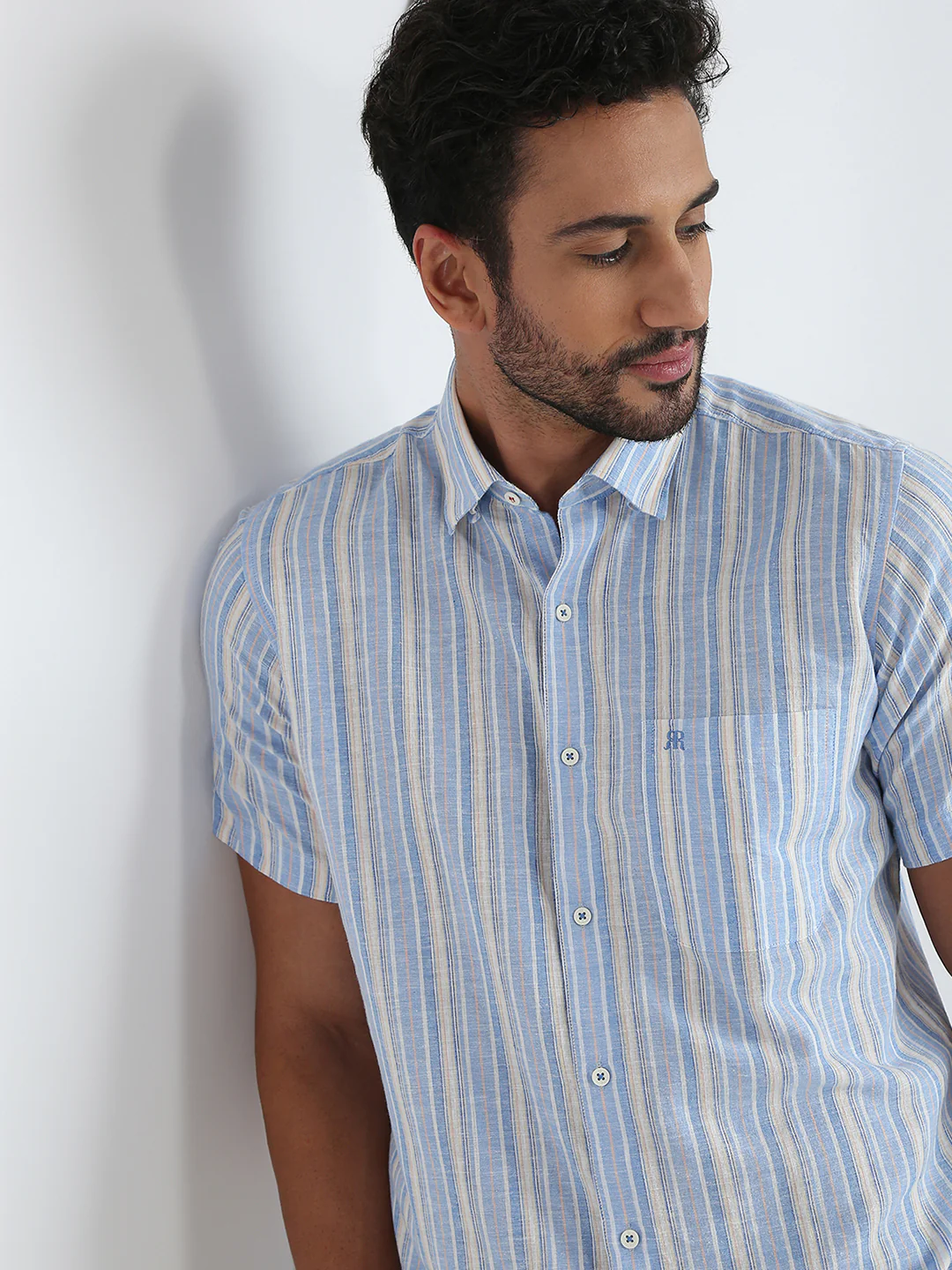 Raymond Men Blue Stripe Regular Fit Linen Blend Casual Shirt - Image 6