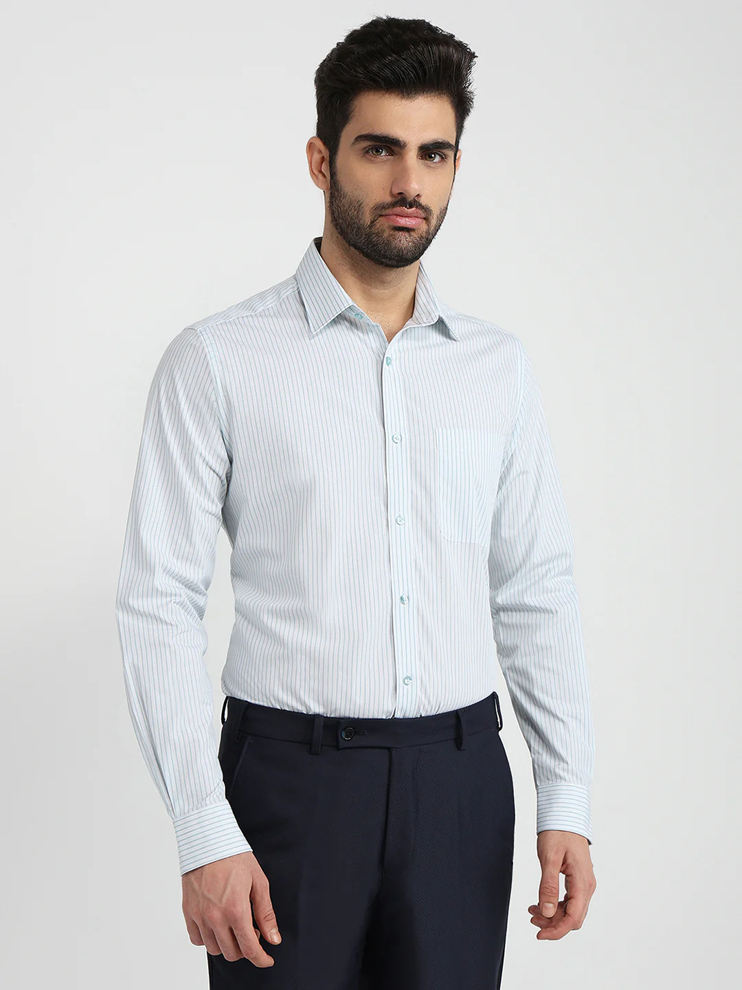 Raymond Men Blue Stripe Slim Fit Cotton Blend Shirt