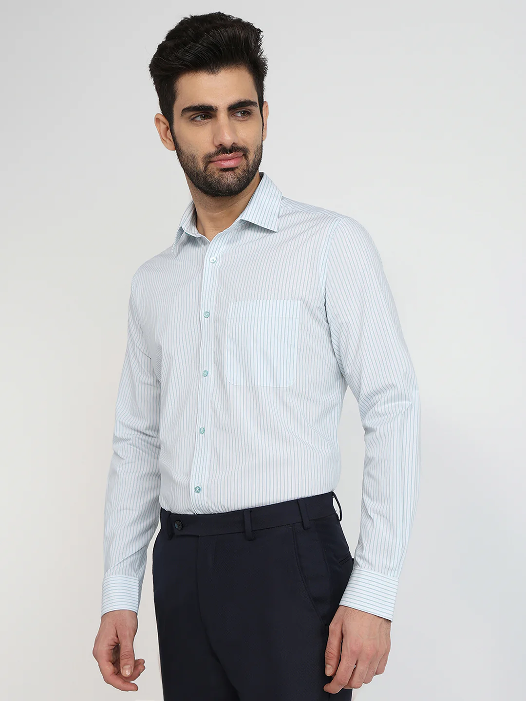 Raymond Men Blue Stripe Slim Fit Cotton Blend Shirt - Image 2