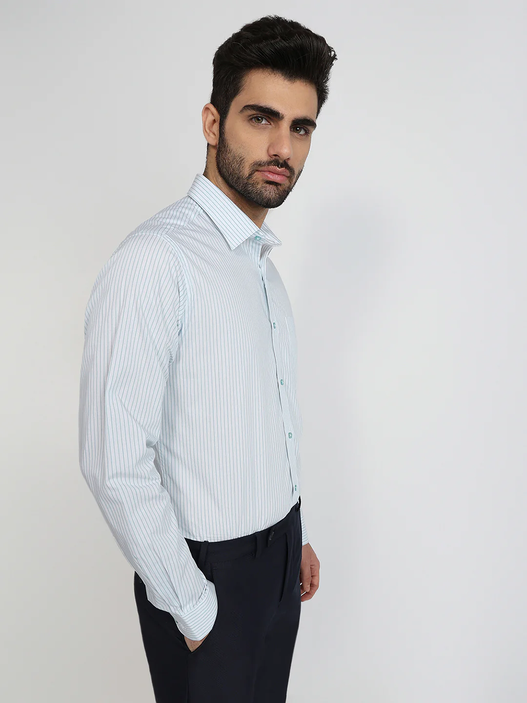 Raymond Men Blue Stripe Slim Fit Cotton Blend Shirt - Image 3