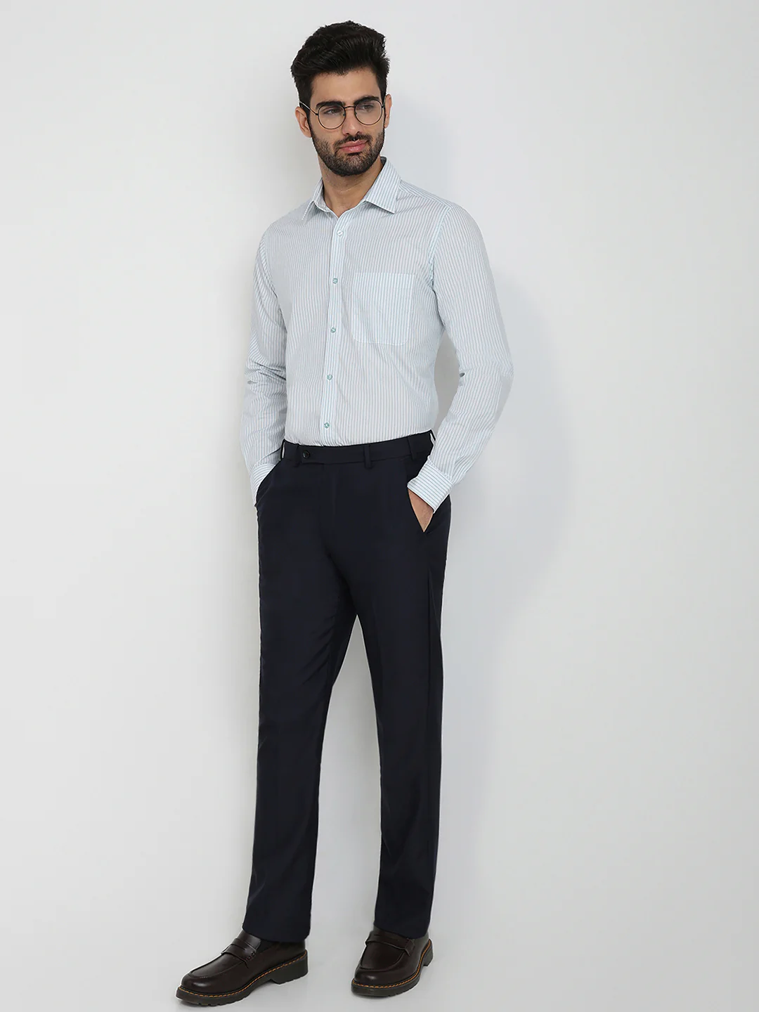 Raymond Men Blue Stripe Slim Fit Cotton Blend Shirt - Image 5