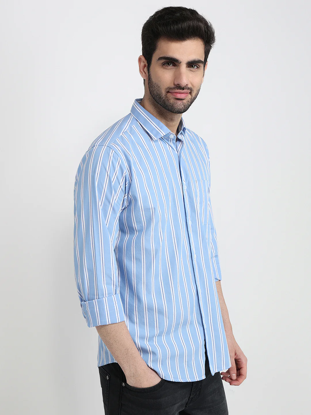 Raymond Men Blue Stripe Slim Fit Cotton Full Sleeve Cut Away Collar Casual Shirt - Image 3