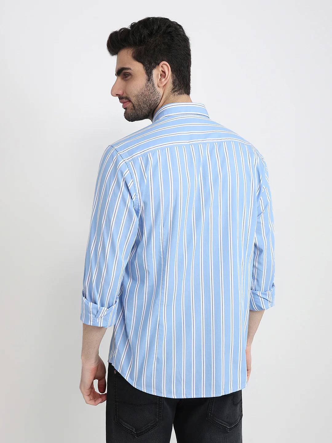 Raymond Men Blue Stripe Slim Fit Cotton Full Sleeve Cut Away Collar Casual Shirt - Image 4