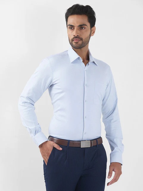 Raymond Men Blue Structure Regular Fit Cotton Blend Shirt - Image 2