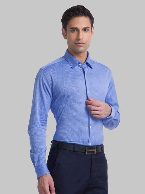 Raymond Men Blue Structure Slim Fit Cotton Blend Shirt - Image 2