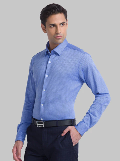 Raymond Men Blue Structure Slim Fit Cotton Blend Shirt - Image 3