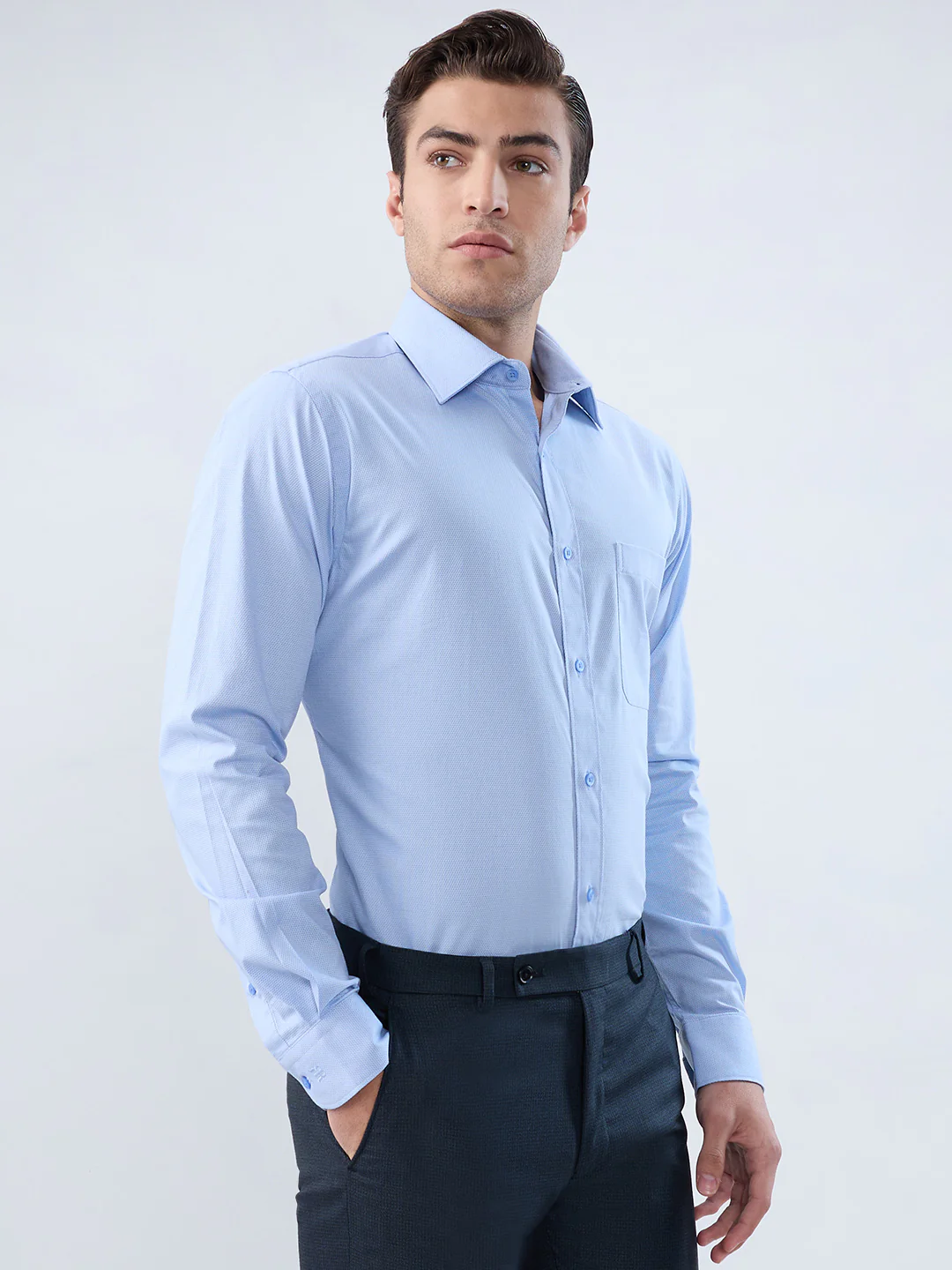 Raymond Men Blue Structure Slim Fit Cotton Blend Shirt - Image 2