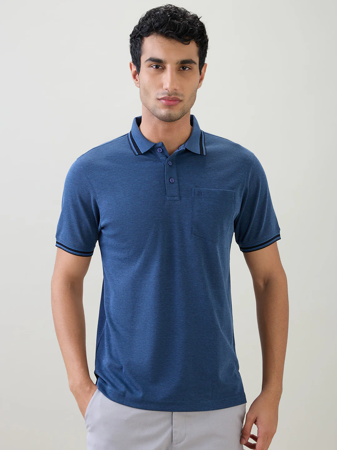 Raymond Men Blue Two Tone Regular Fit Polyester Blend Half Sleeve T-Shirt