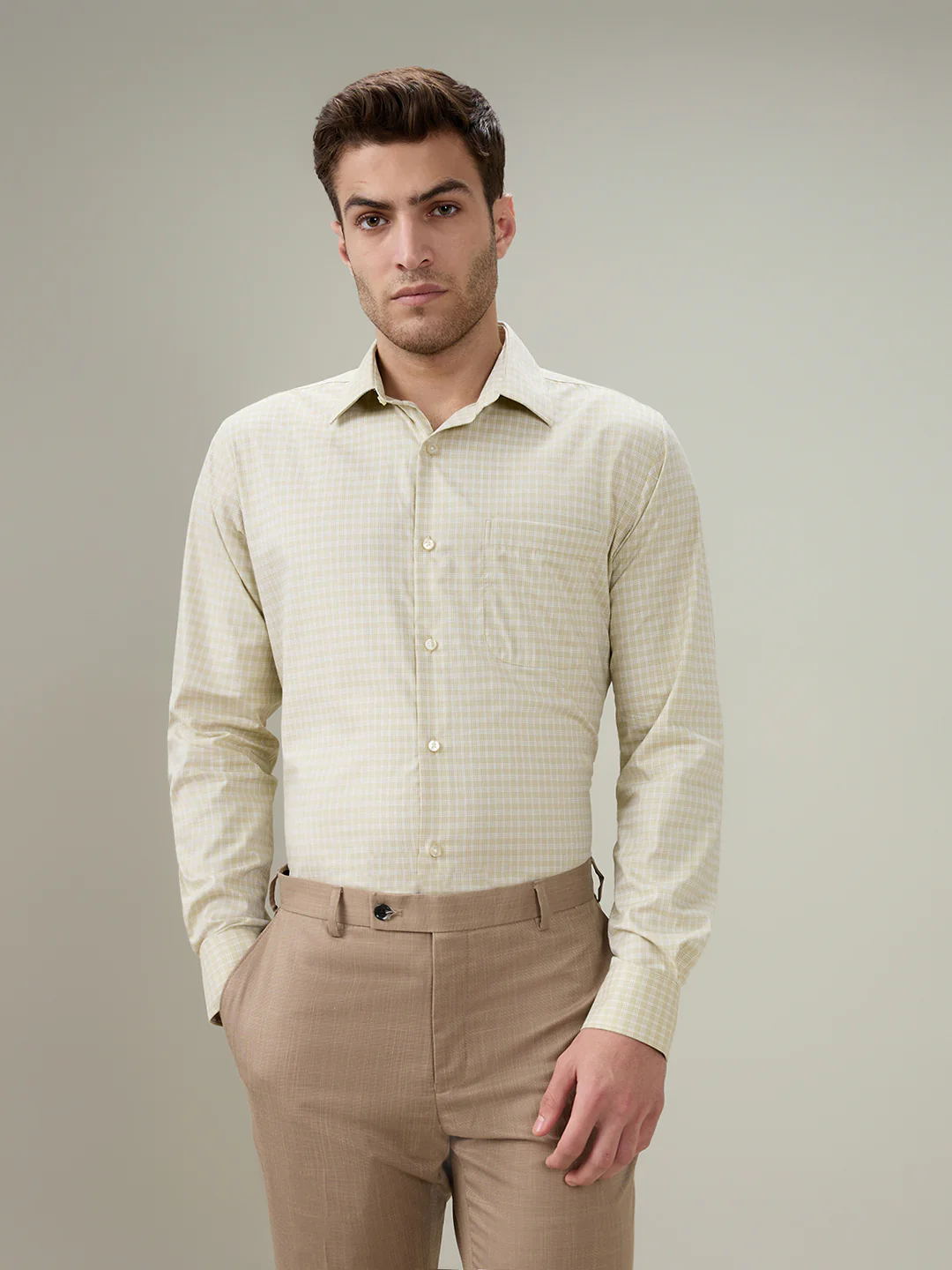 Raymond Men Brown Checks Contemporary Fit Cotton Full Sleeve Formal Shirt