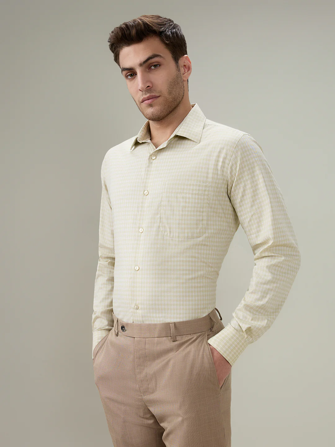 Raymond Men Brown Checks Contemporary Fit Cotton Full Sleeve Formal Shirt - Image 2