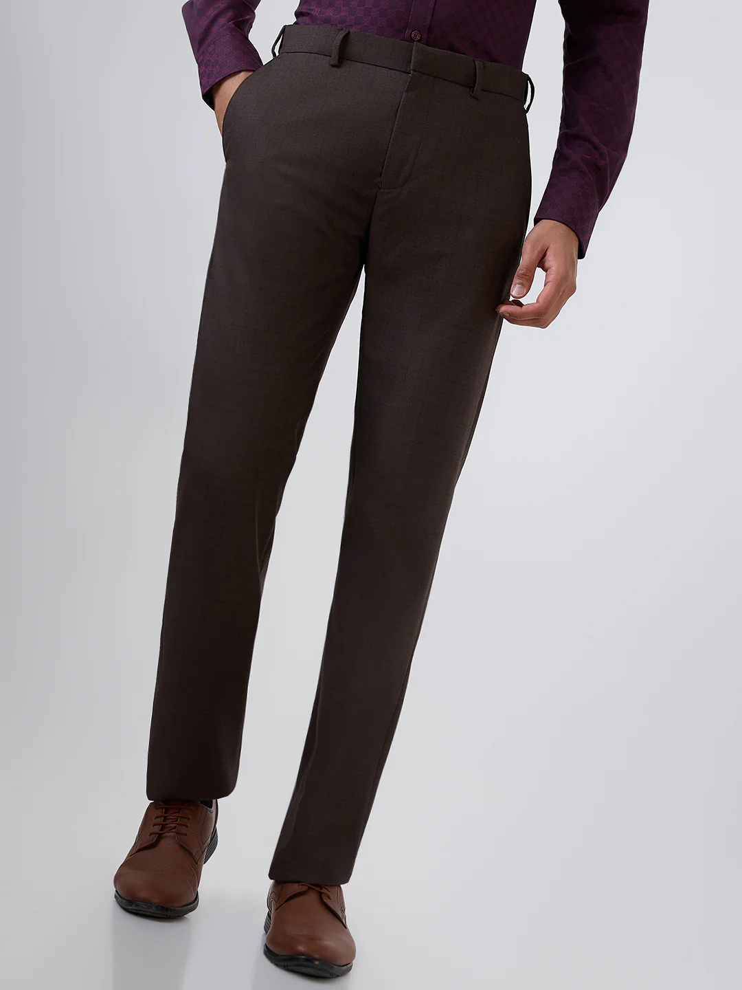 Raymond Men Brown Checks Contemporary Fit Polyester Blend Trouser