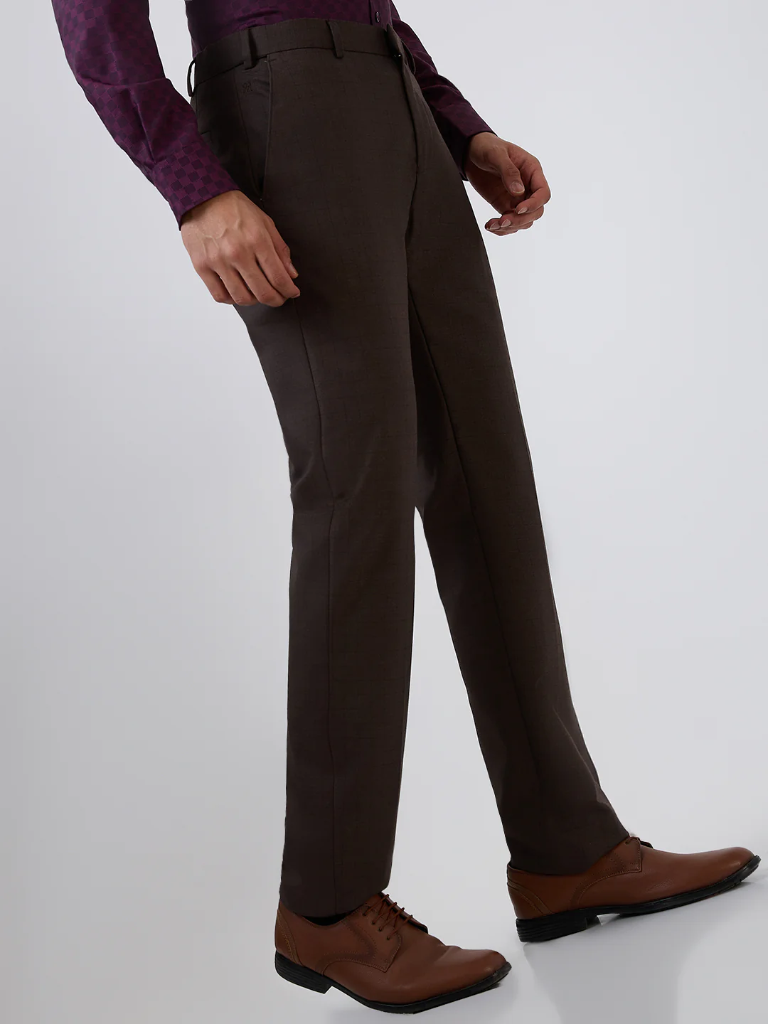 Raymond Men Brown Checks Contemporary Fit Polyester Blend Trouser - Image 3