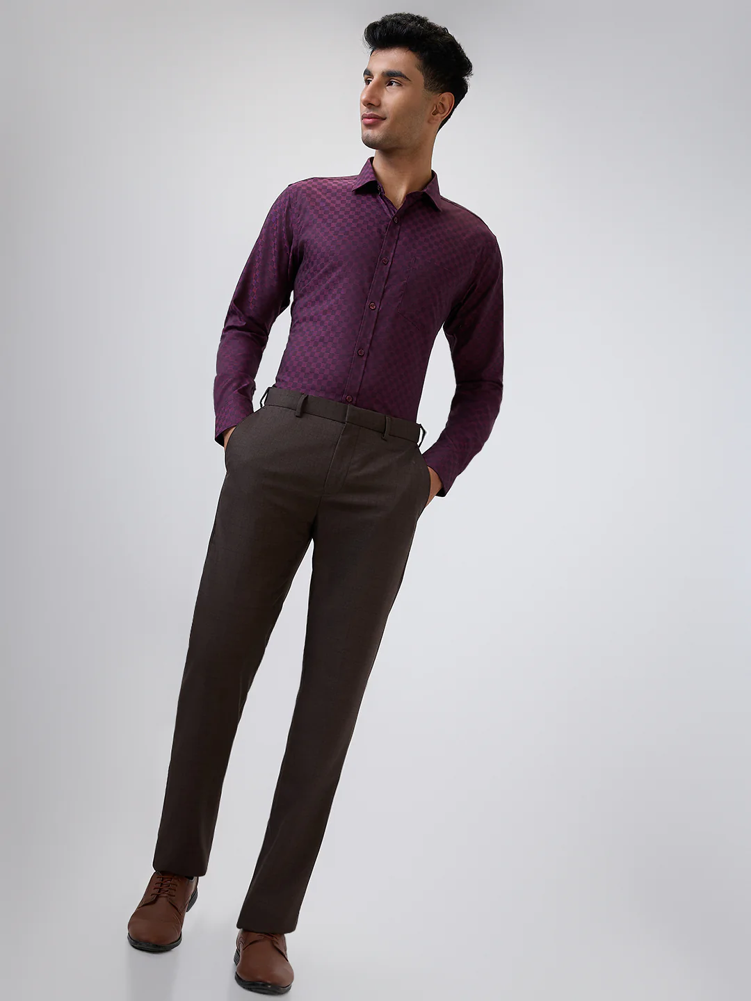 Raymond Men Brown Checks Contemporary Fit Polyester Blend Trouser - Image 5