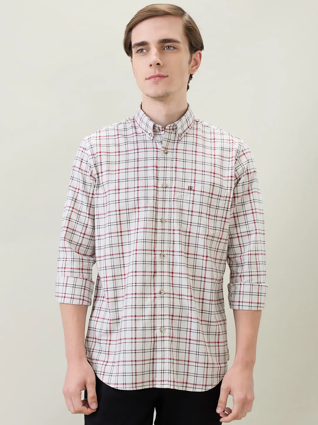 Raymond Men Brown Checks Regular Fit Cotton Full Sleeve Casual Shirt