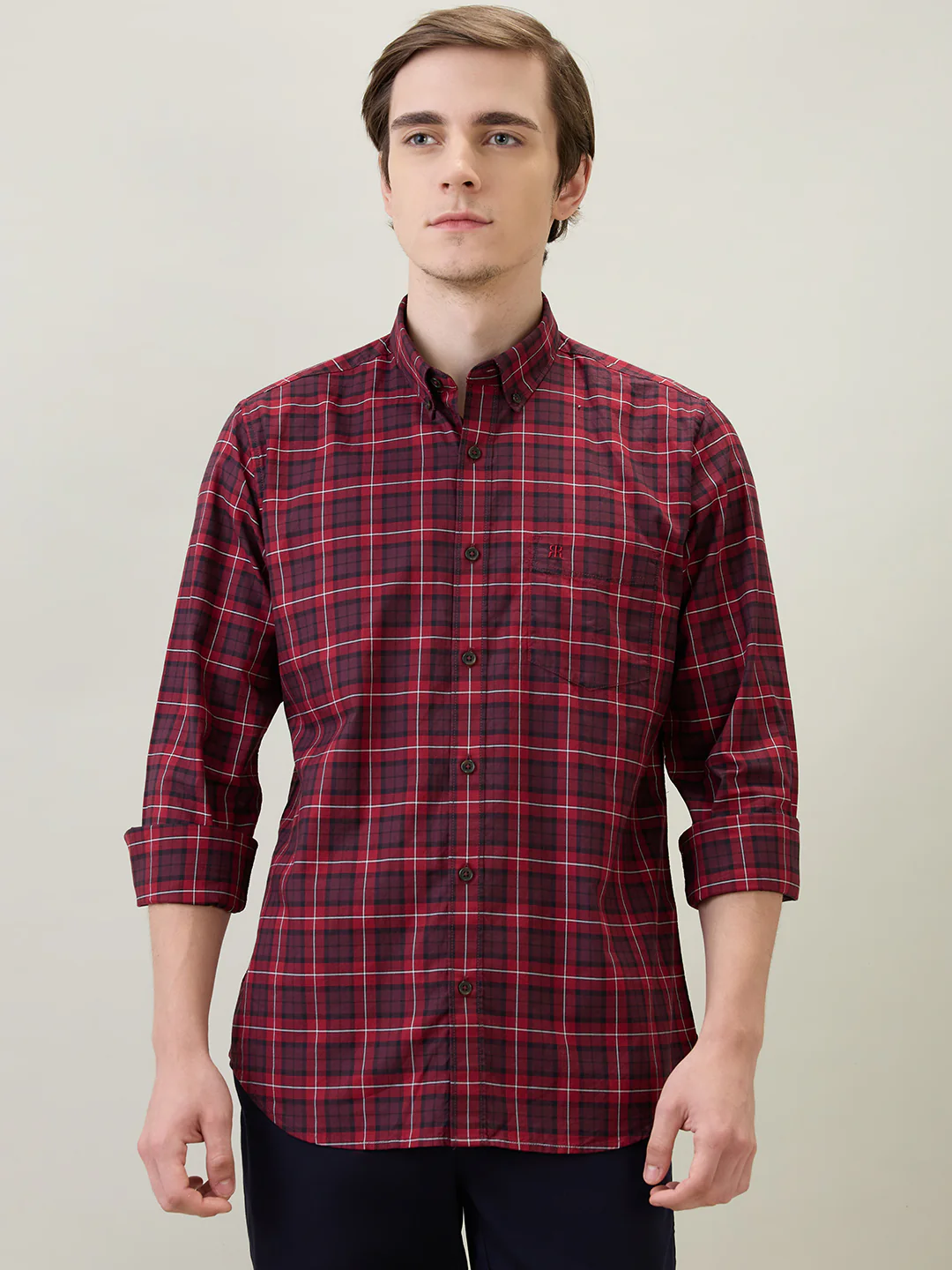 Raymond Men Brown Checks Regular Fit Cotton Full Sleeve Casual Shirt