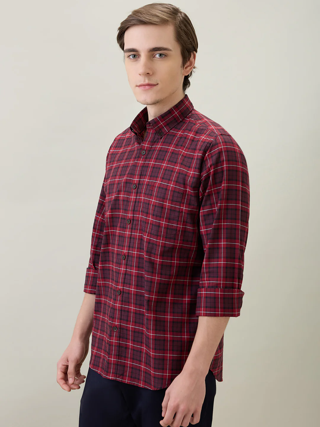 Raymond Men Brown Checks Regular Fit Cotton Full Sleeve Casual Shirt - Image 3