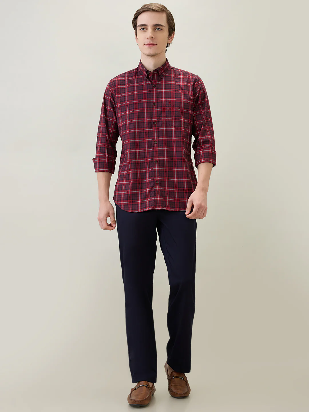 Raymond Men Brown Checks Regular Fit Cotton Full Sleeve Casual Shirt - Image 5