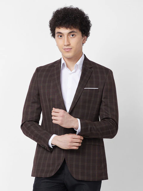 Raymond Men Brown Checks Regular Fit Polyester Blend Blazer