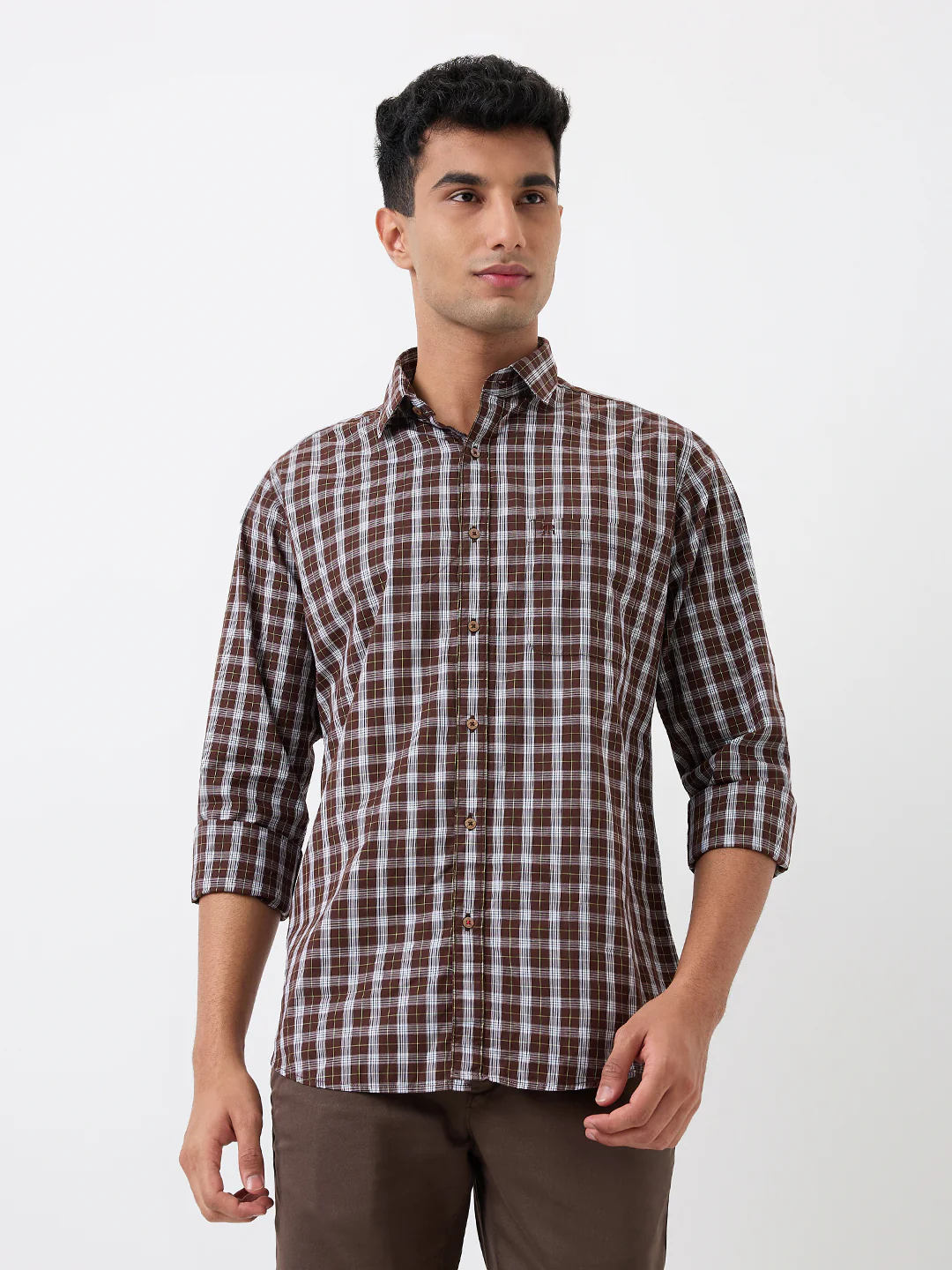 Raymond Men Brown Checks Slim Fit Cotton Casual Shirt