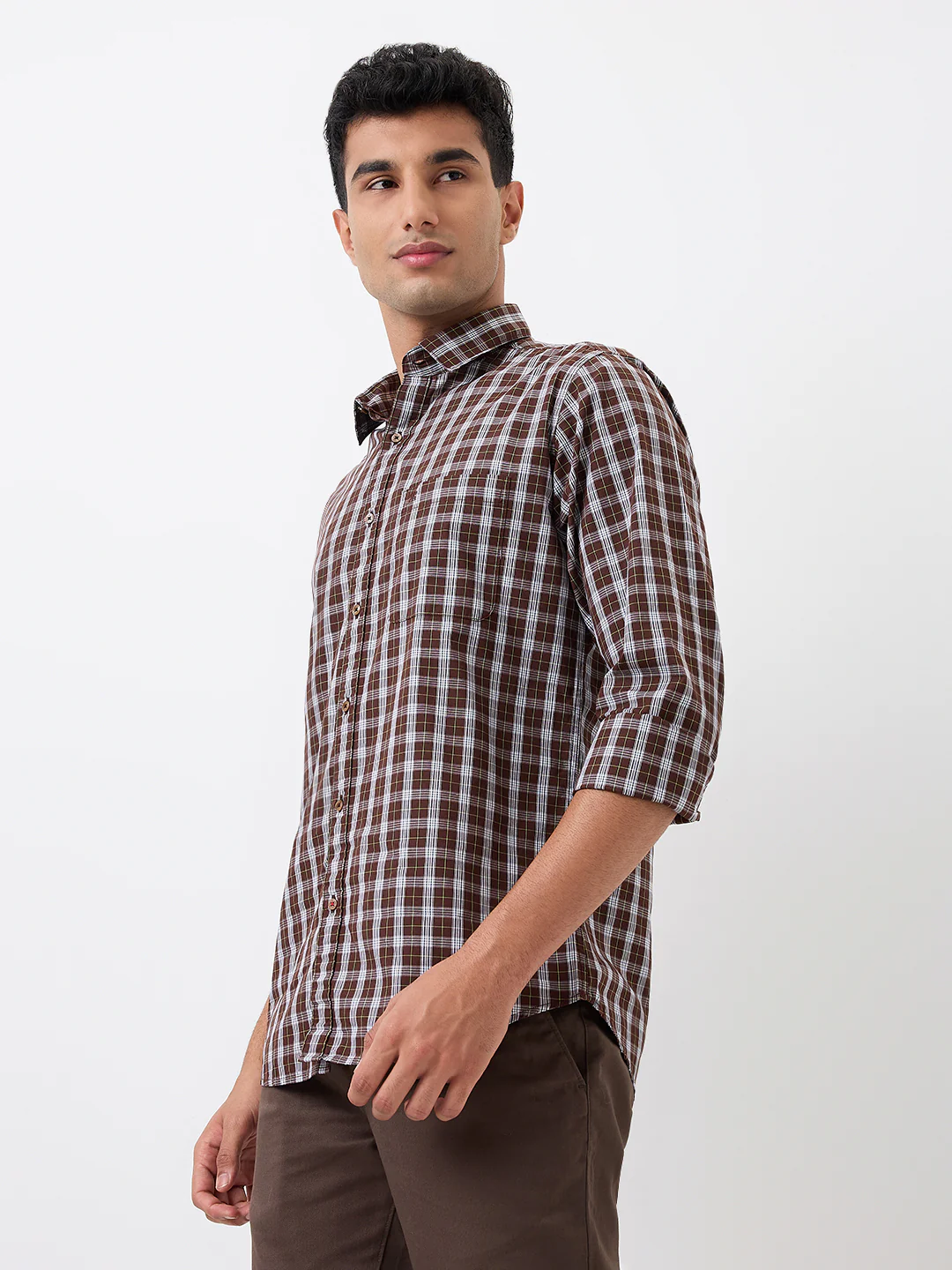 Raymond Men Brown Checks Slim Fit Cotton Casual Shirt - Image 2