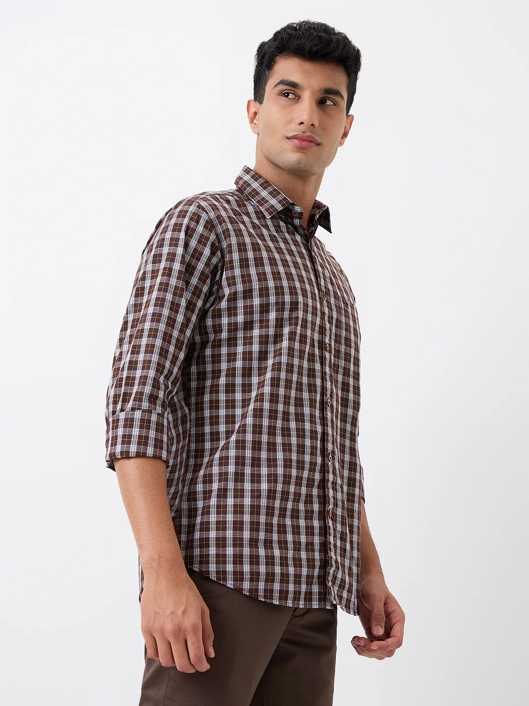 Raymond Men Brown Checks Slim Fit Cotton Casual Shirt - Image 3