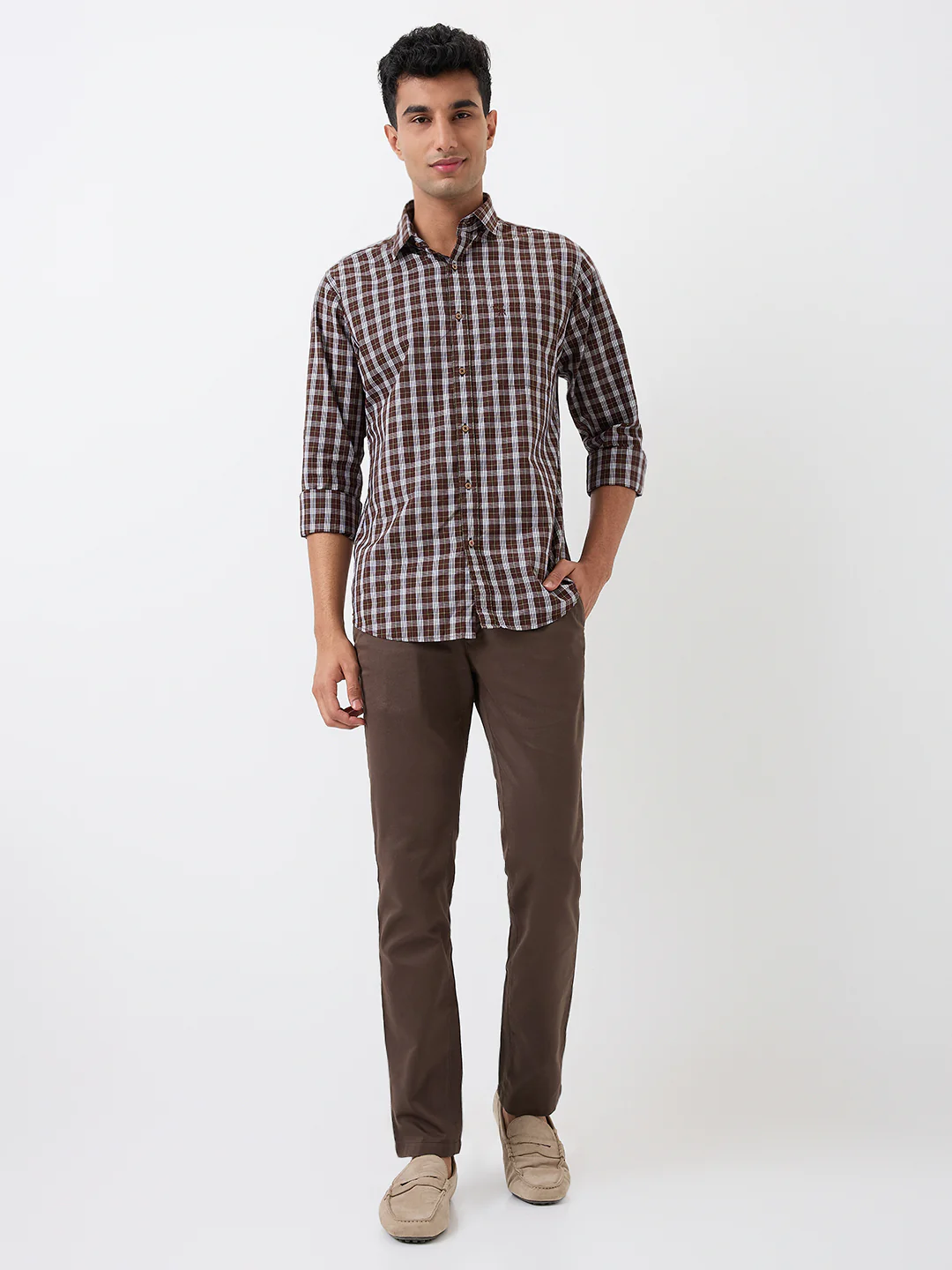 Raymond Men Brown Checks Slim Fit Cotton Casual Shirt - Image 5
