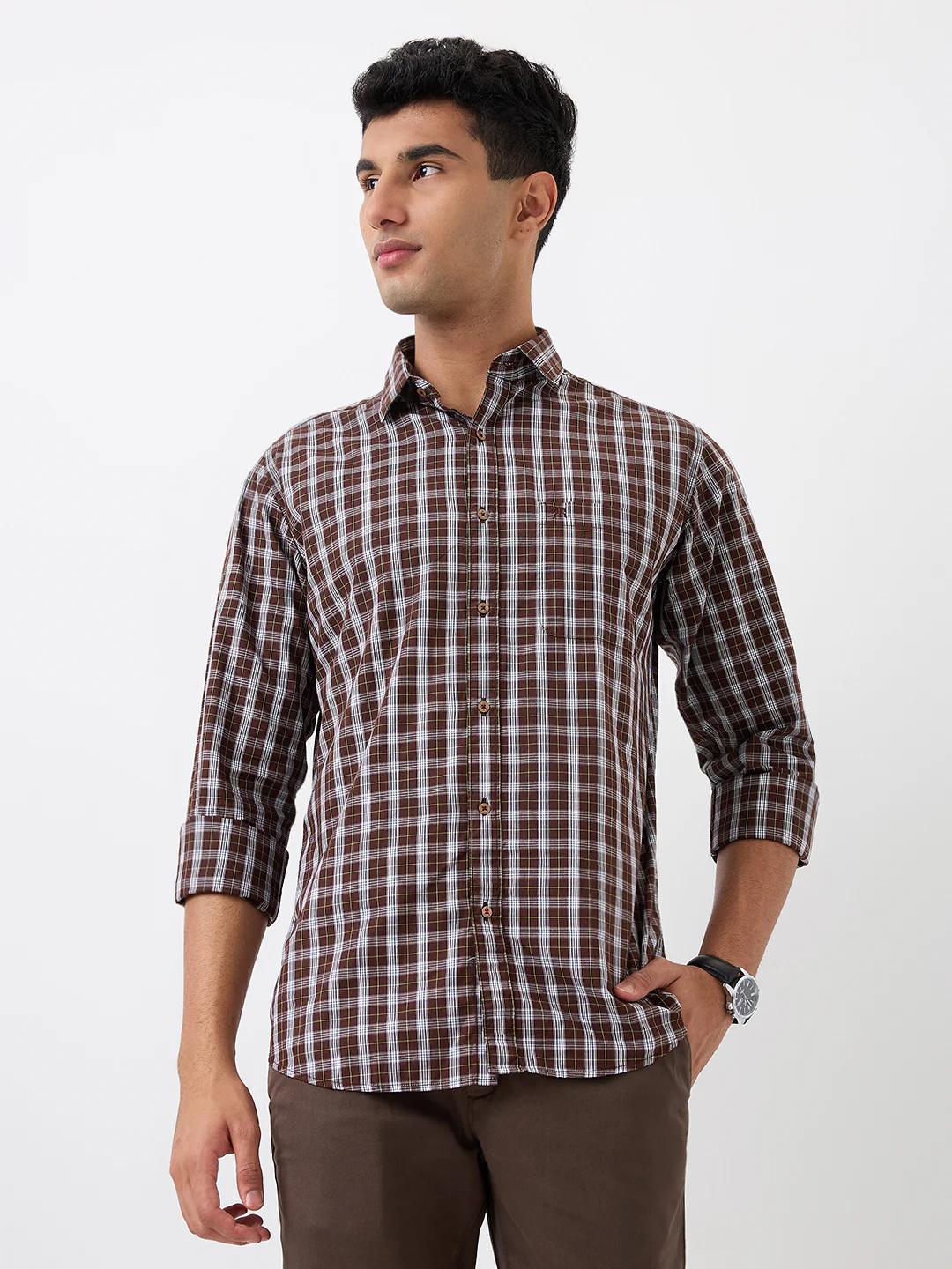 Raymond Men Brown Checks Slim Fit Cotton Casual Shirt - Image 6
