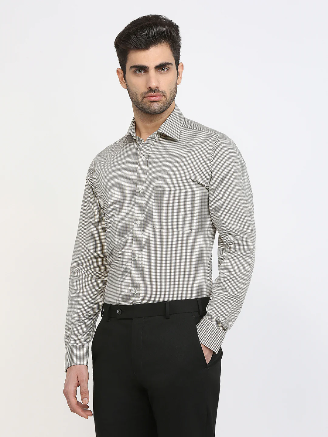 Raymond Men Brown Checks Slim Fit Cotton Formal Shirt - Image 2
