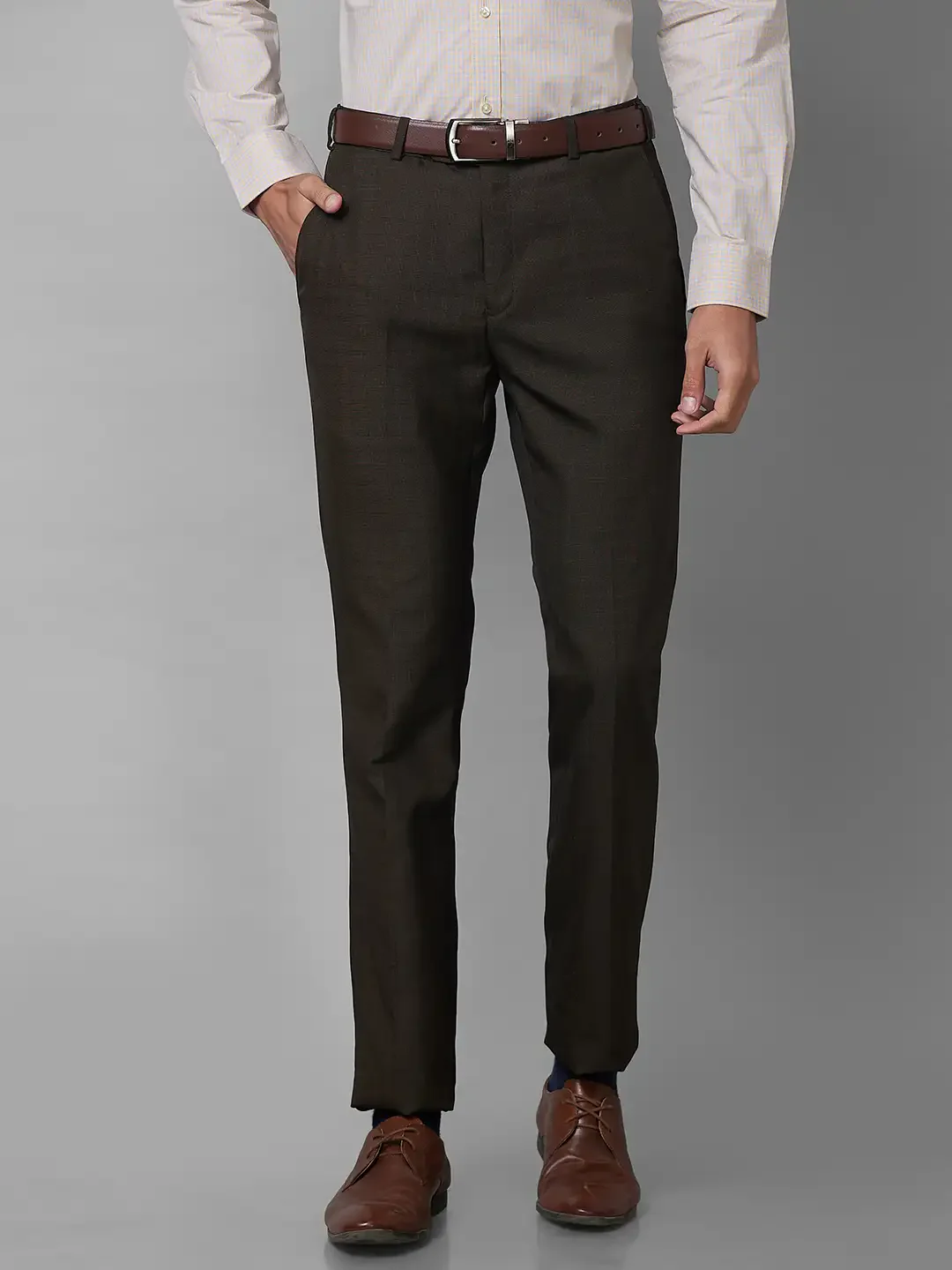 Raymond Men Brown Checks Slim Fit Polyester Blend Trouser
