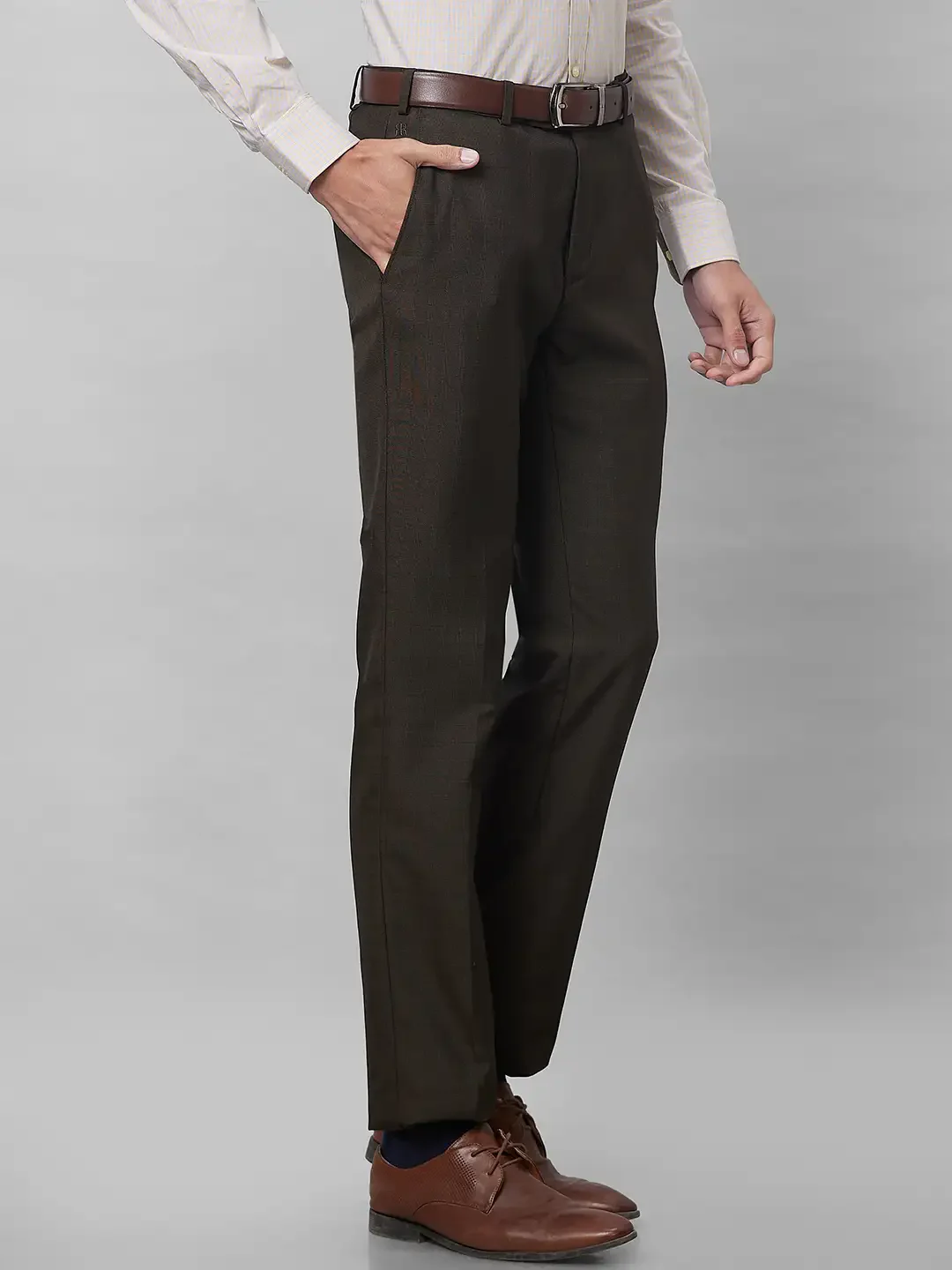 Raymond Men Brown Checks Slim Fit Polyester Blend Trouser - Image 2