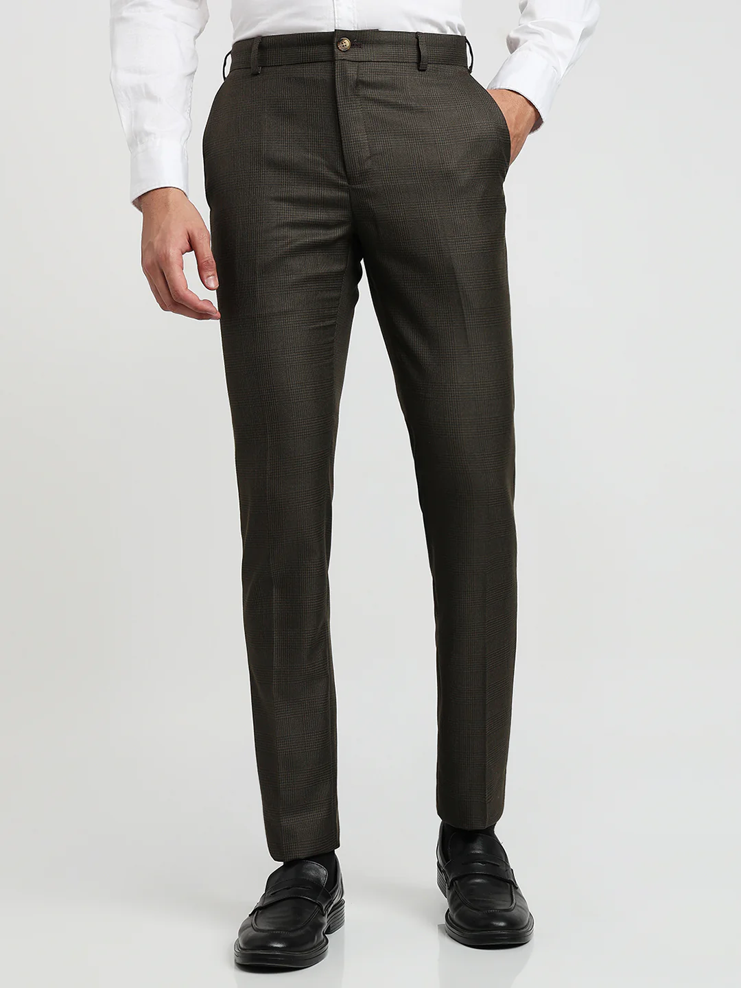 Raymond Men Brown Checks Slim Fit Polyester Blend Trouser